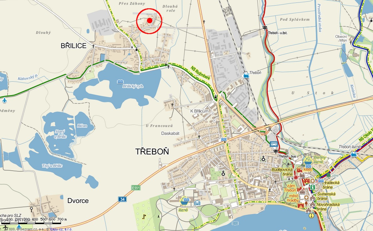 Mapa s umístěním ubytování Na vyhlídce, Strouha 279, Třeboň – Břilice